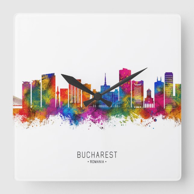 Reloj Cuadrado Skyline Bucarest Rumanía (Anverso)