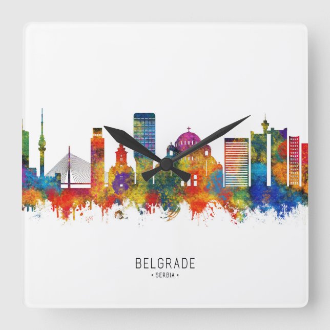 Reloj Cuadrado Skyline de Belgrado Serbia (Anverso)
