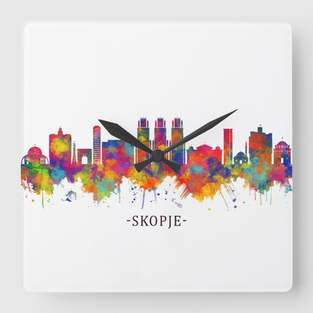 Reloj Cuadrado Skyline de la República de Skopie de Macedonia (Anverso)