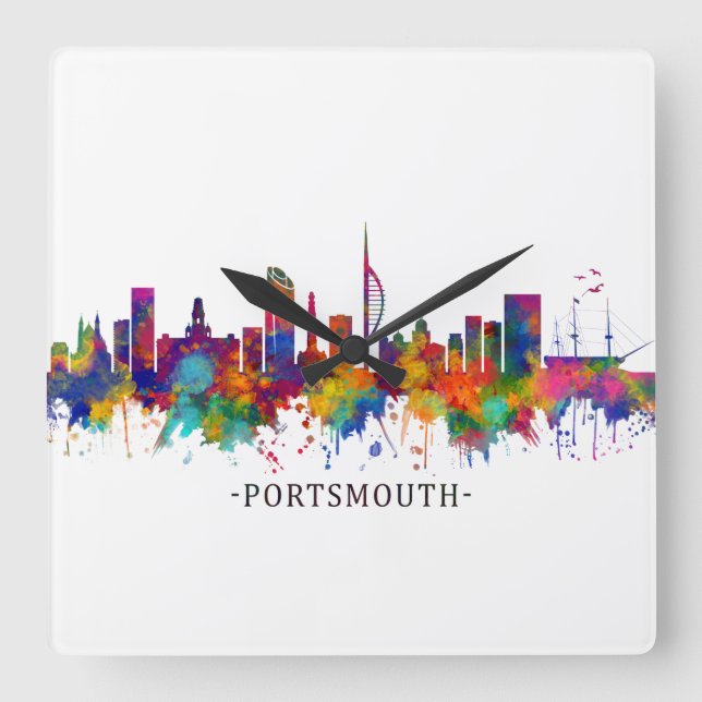 Reloj Cuadrado Skyline de Portsmouth England (Anverso)