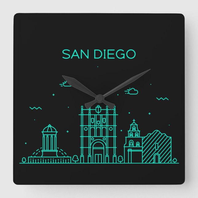 Reloj Cuadrado Skyline de San Diego (Anverso)