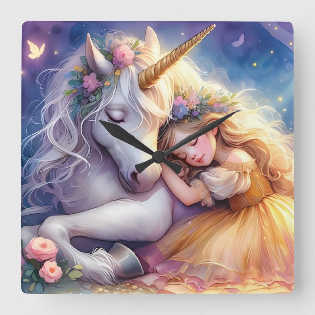 Reloj Cuadrado Sleeping Girl Unicorn Dreamscape (Anverso)