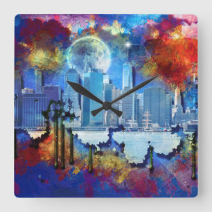 Reloj Cuadrado SlipperyJoe NYC grafiti luna rodeada de nubes dram