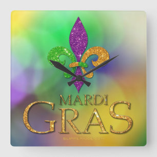 Reloj Cuadrado SlipperyJoe's festivo tema de Mardi Gras púrpura v