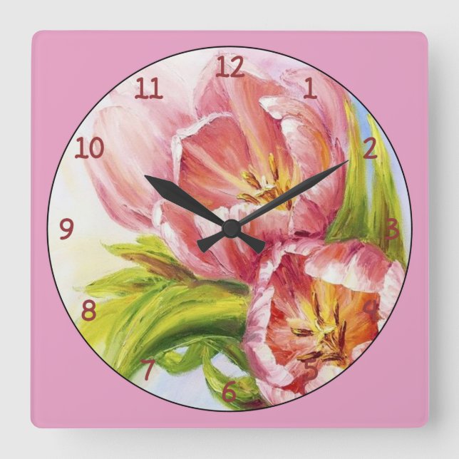 Reloj Cuadrado Small Bundle of Pink and White Tulips (Anverso)