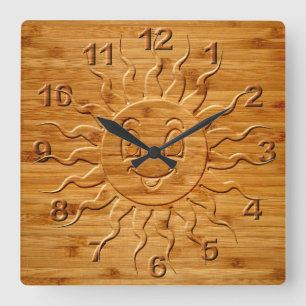 Reloj Cuadrado Smiling Sun Face Carved In Wood Print
