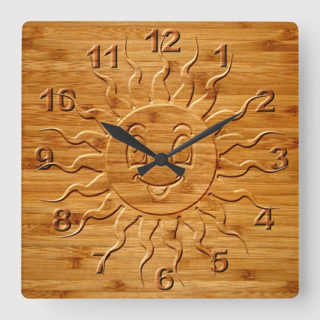 Reloj Cuadrado Smiling Sun Face Carved In Wood Print (Anverso)