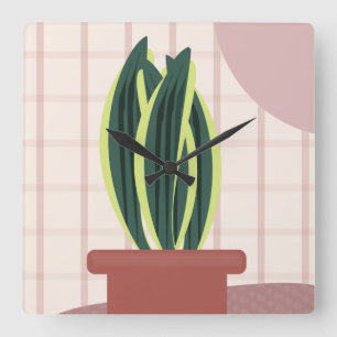Reloj Cuadrado Snake Plants on Plaid Blush Background Pink