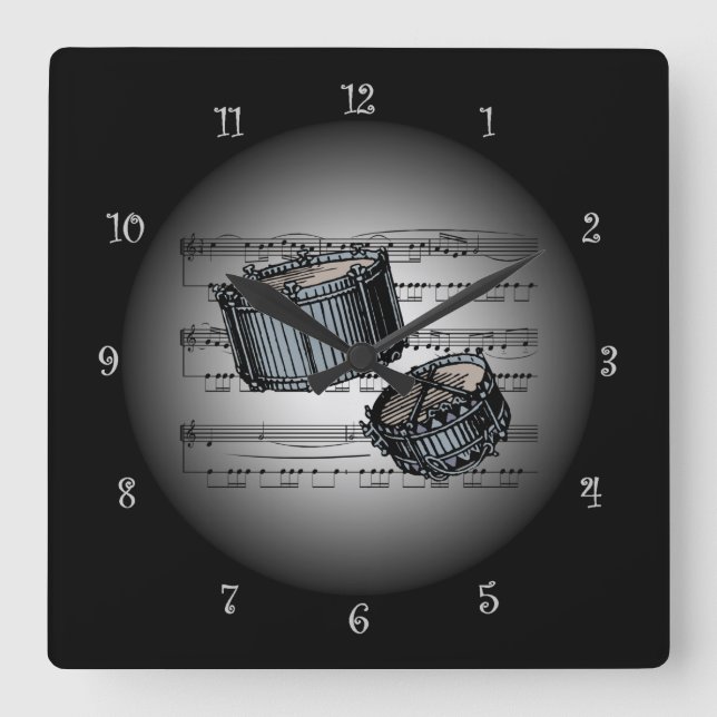 Reloj Cuadrado Snare Drums ~ 3-D Sheet Music ~Silver & Black Back (Anverso)