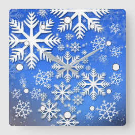 Reloj Cuadrado Snowflakes and Stars Blue and White Design