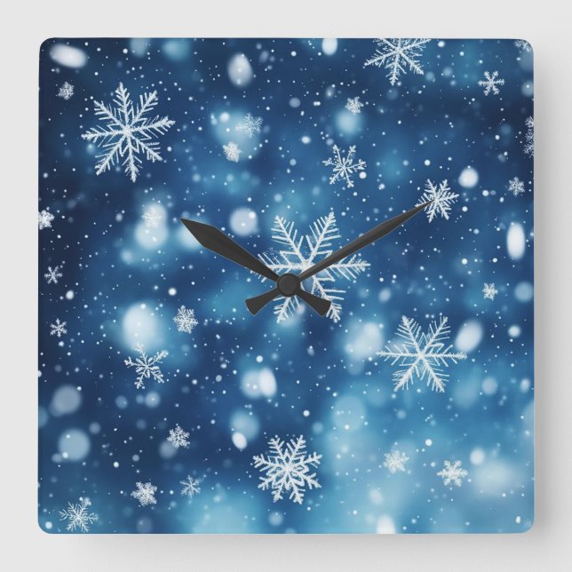 Reloj Cuadrado Snowflakes in the Night – Winter Wall Clock (Anverso)