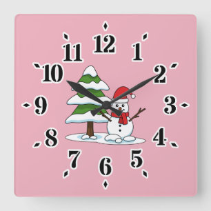 Reloj Cuadrado Snowman con un árbol de pino con nieve