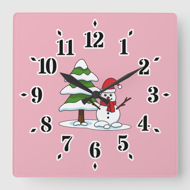 Reloj Cuadrado Snowman con un árbol de pino con nieve (Anverso)