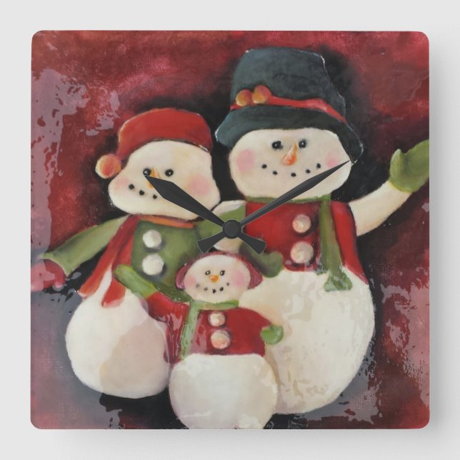 Reloj Cuadrado Snowman Family Christmas Clock (Anverso)
