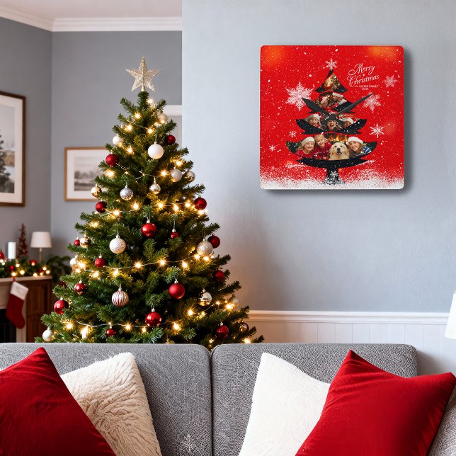 Reloj Cuadrado Snowy Merry Christmas Family Photo Tree (Subido por el creador)