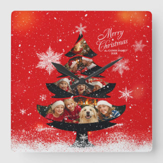 Reloj Cuadrado Snowy Merry Christmas Family Photo Tree