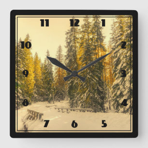 Reloj Cuadrado Snowy Winter Path with Pine Trees