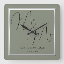 Reloj Cuadrado Sofisticado Boda Sage & Silver