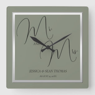 Reloj Cuadrado Sofisticado Boda Sage & Silver
