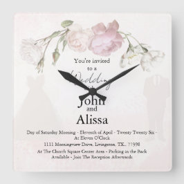 Reloj Cuadrado Soft Pink Roses & Bride and Groom Collection