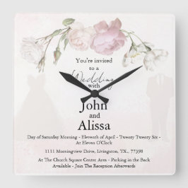 Reloj Cuadrado Soft Pink Roses & Bride and Groom Collection