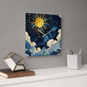 Reloj Cuadrado Sol Celeste Moderno Estrellas y Nubes Azules