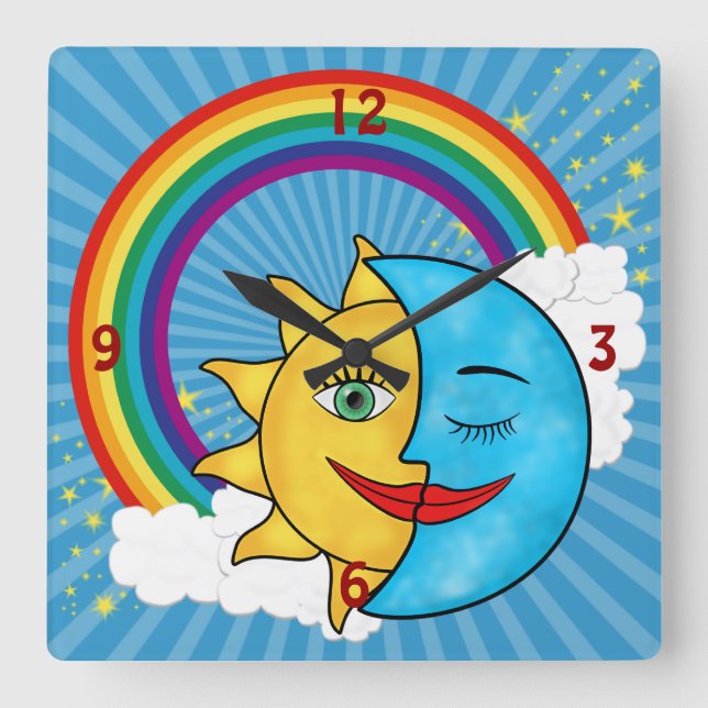 Reloj Cuadrado Sol Luna Arcoiris Estrellas (Anverso)