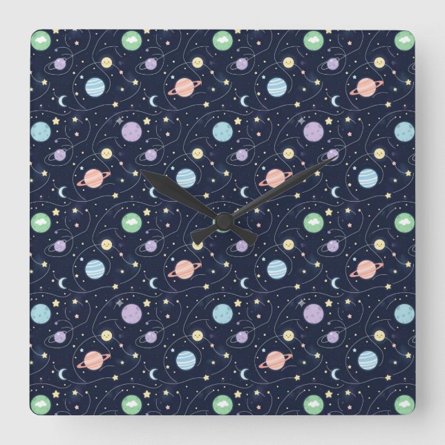 Reloj Cuadrado Solar System Planets Seamless Pattern (Anverso)