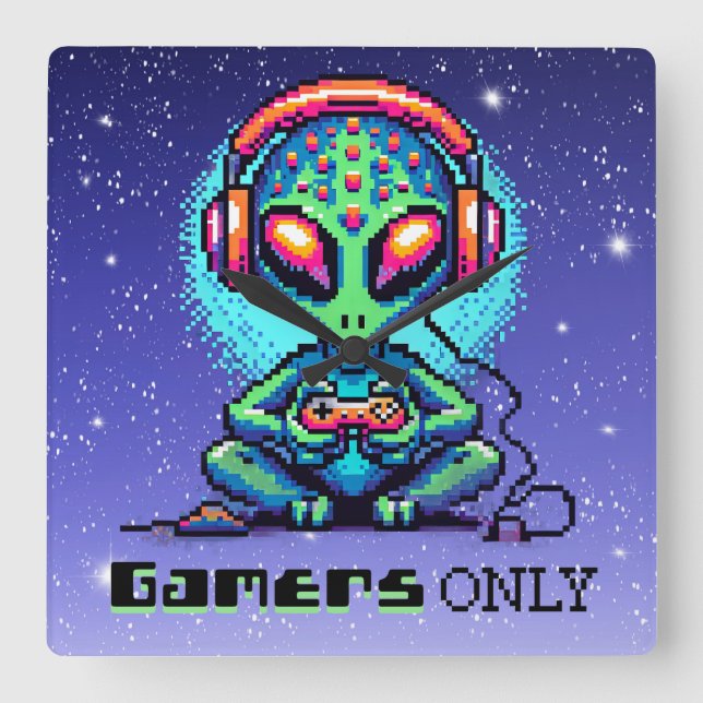 Reloj Cuadrado Sólo jugadores | Pixel Art Alien (Anverso)