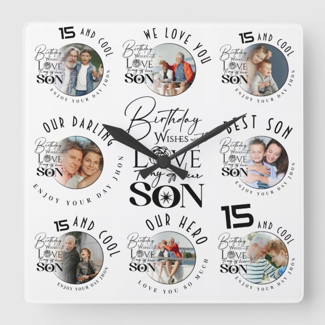 Reloj Cuadrado Son Birthday 8 Photo Collage Typography  (Anverso)