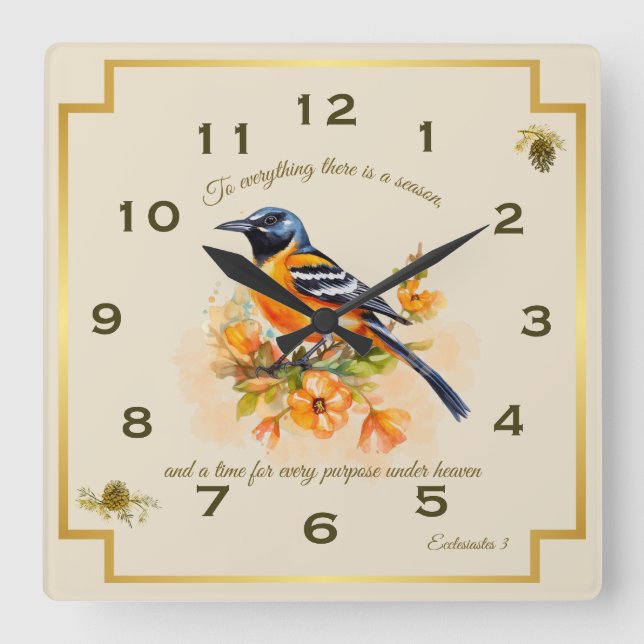 Reloj Cuadrado Song Bird Oriole Ecclesiastés 3 (Anverso)