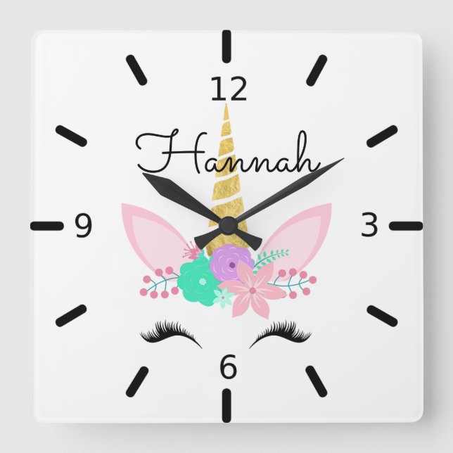 Reloj Cuadrado Sonrisa floral personalizada Unicorn (Anverso)