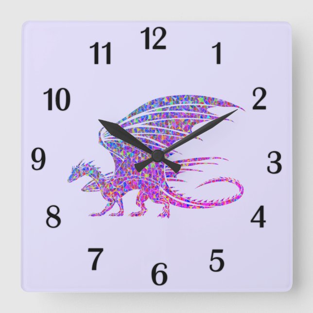 Reloj Cuadrado Sorprendente Dragón Mosaico Números Negros Púrpura (Anverso)