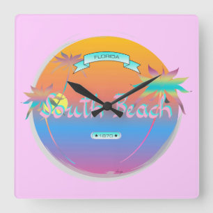 Reloj Cuadrado South Beach, Miami, Florida with Palms Wall Clock