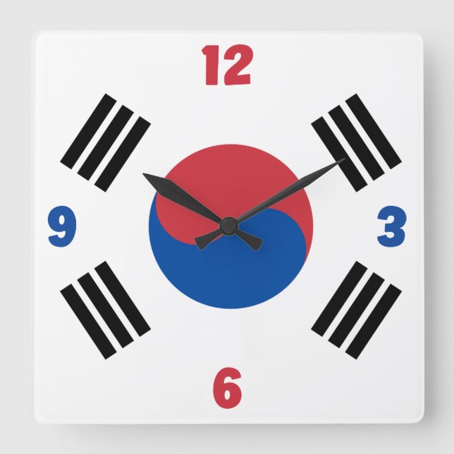 Reloj Cuadrado South Korea Flag Red Blue White Numbers Patriotic (Anverso)