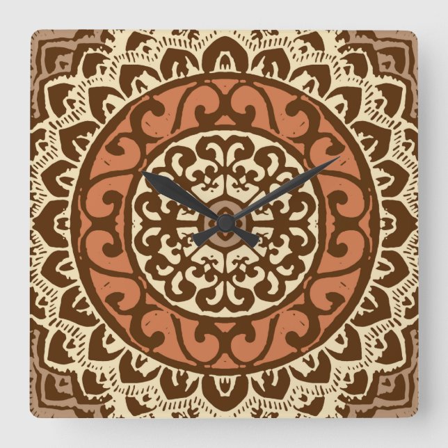 Reloj Cuadrado Southwestern Sun Mandala Batik, Rust & Brown (Anverso)