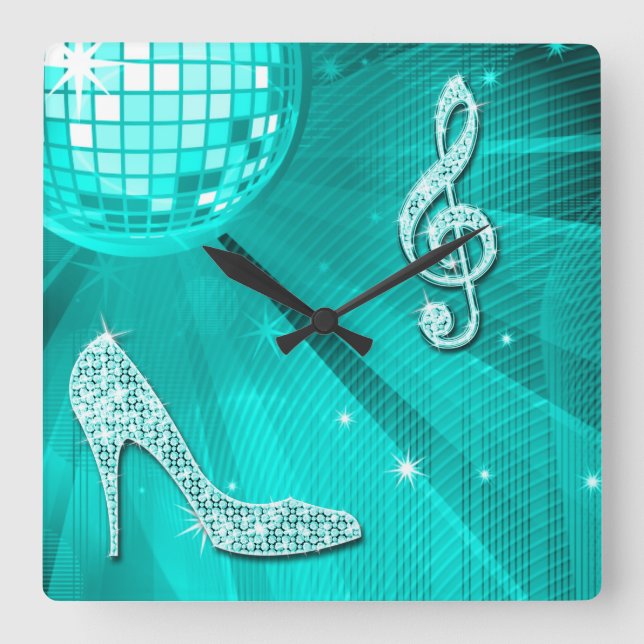 Reloj Cuadrado Sparkly Teal Music Note & Stiletto Heel (Anverso)