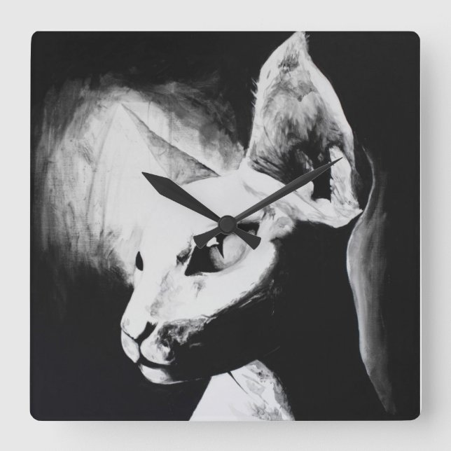 Reloj Cuadrado Sphynx Cat Black Contraste blanco sin pelo Arte Ki (Anverso)