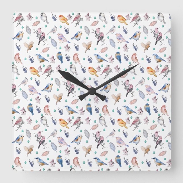 Reloj Cuadrado Spring Birds Pattern (Anverso)