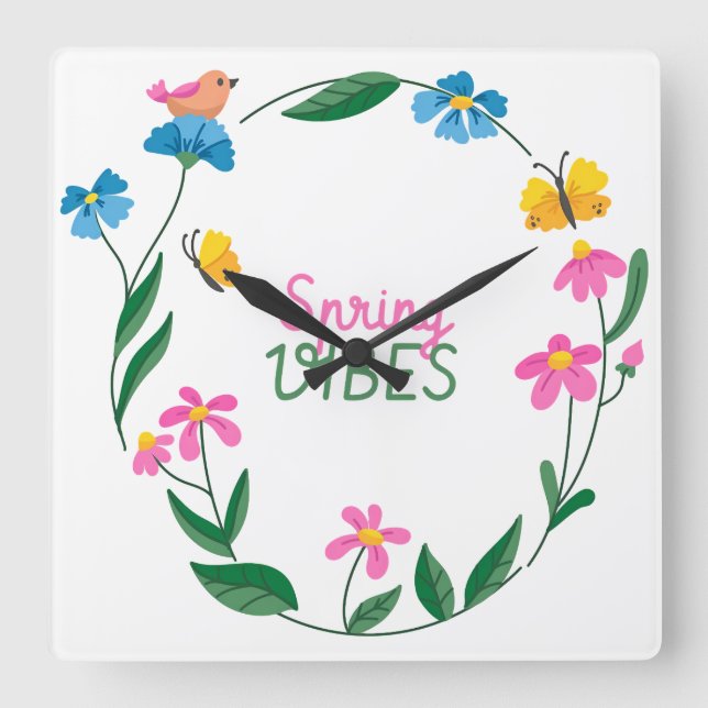 Reloj Cuadrado Spring Vibes with Flowers and Butterflies (Anverso)