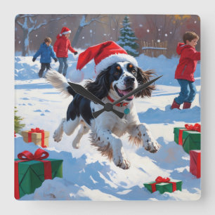 Reloj Cuadrado Springer Spaniel corriendo Nieve con Gorra de Navi