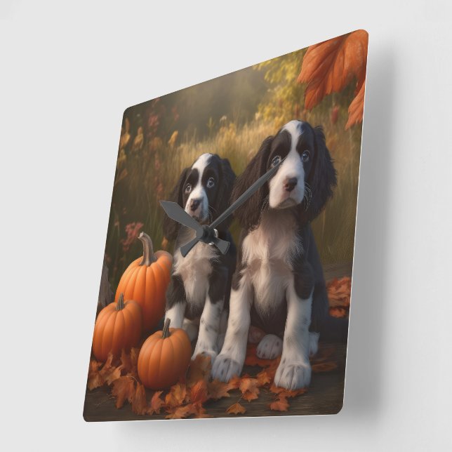 Reloj Cuadrado Springer Spaniel Puppy Autumn Delight Pumpkin (Ángulo)