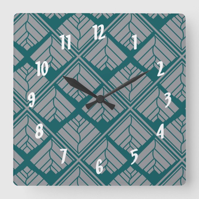 Reloj Cuadrado Square Leaf Pattern Teal Neutral (Anverso)