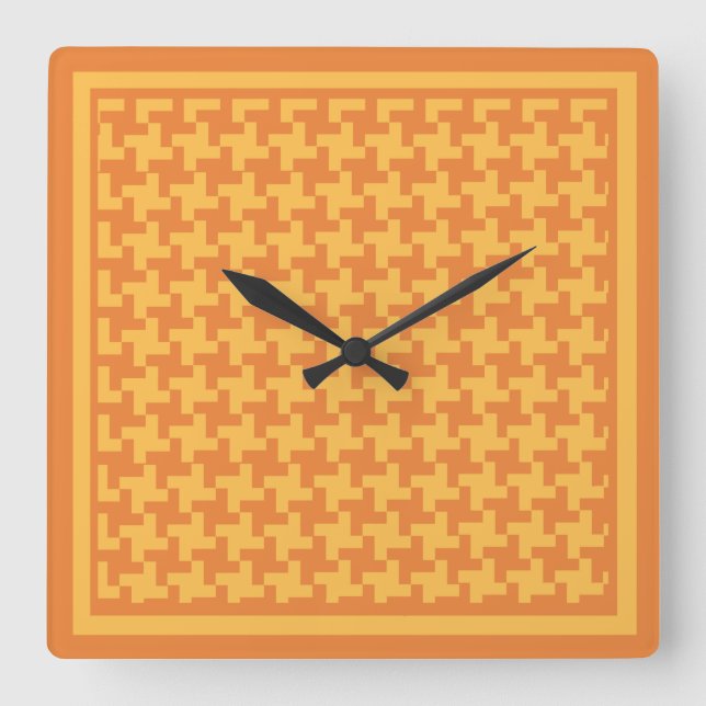 Reloj Cuadrado Square Wall Clock, Orange Dogstooth Check (Anverso)