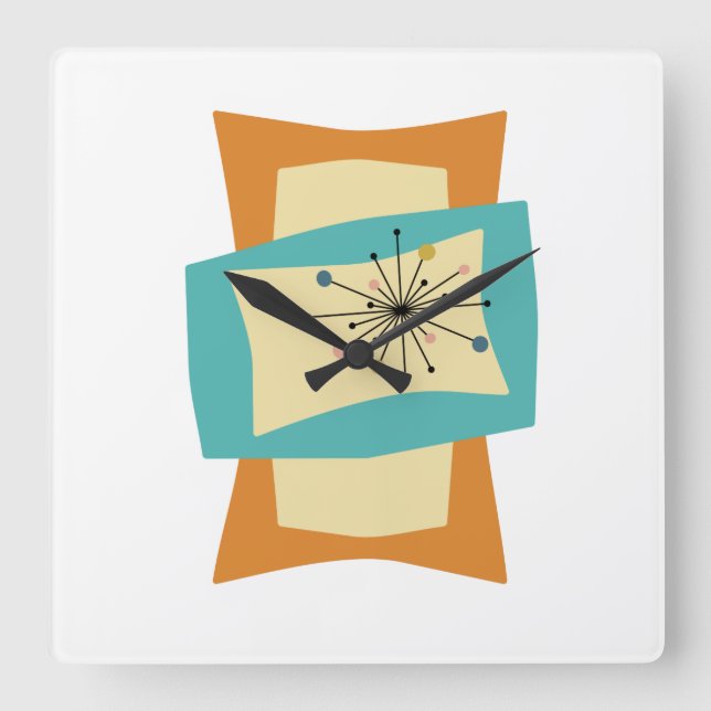 Reloj Cuadrado Squeezed Rectangles Orange Turquoise Cream Mid Mod (Anverso)
