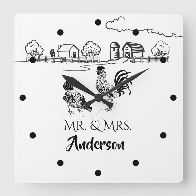 Reloj Cuadrado Sr. y señora personalizados Chickens Rooster Hen (Anverso)