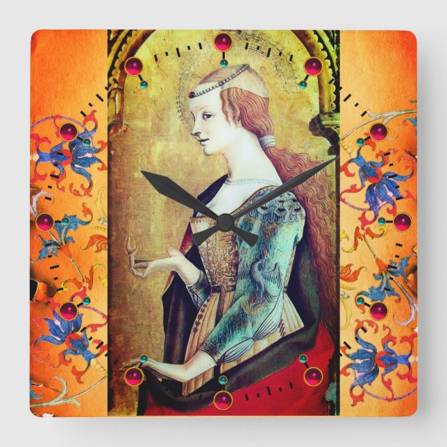 Reloj Cuadrado ST MARY MAGDALENE Naranja Blue Floral Swirls (Anverso)