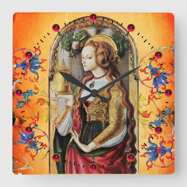 Reloj Cuadrado ST MARY MAGDALENE Naranja Blue Floral Swirls (Anverso)