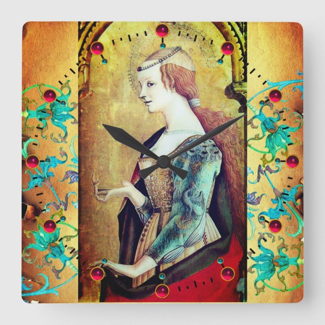 Reloj Cuadrado ST MARY MAGDALENE Yellow Blue Floral Swirls (Anverso)