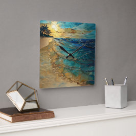 Reloj Cuadrado Stained Glass Ocean Beach Wall Clock